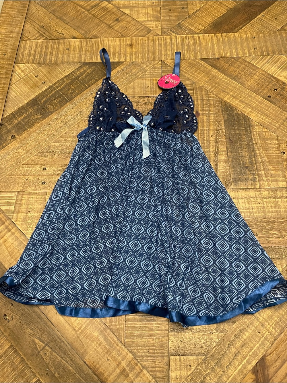 Spree Intimates Blue Diamond Print Chemise Sleepwear Lace Cups